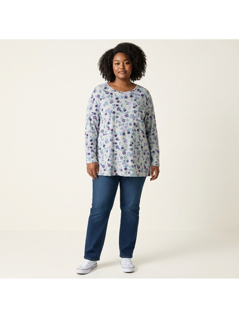 Woman Within T-Shirt Women 2X Plus Gray Floral Long Sleeve Cotton Casual Stretch